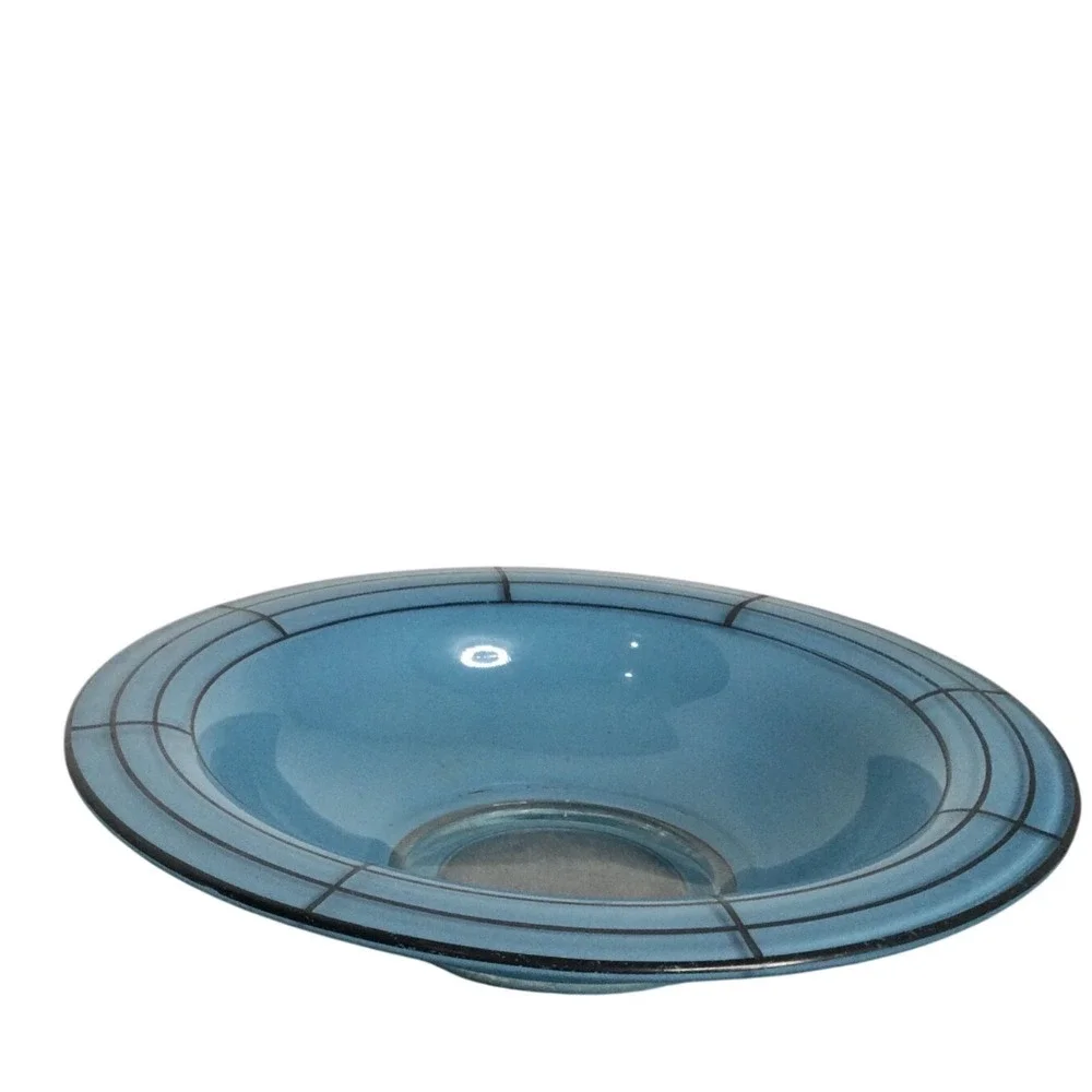 Vintage Blue Glass Decorative Bowl with Silver Insert and Grid Design mid centur